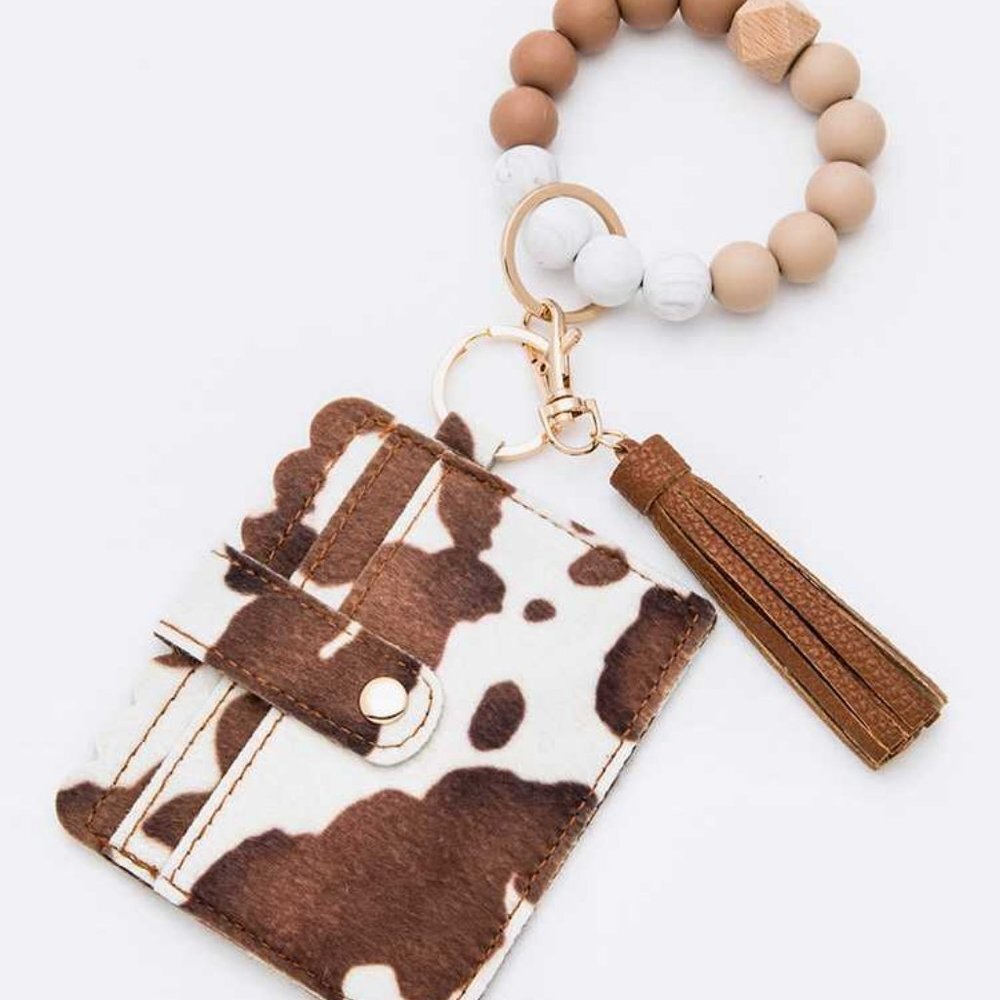 Cow Print Tassel Silicon Bracelet Card Holder - Brown